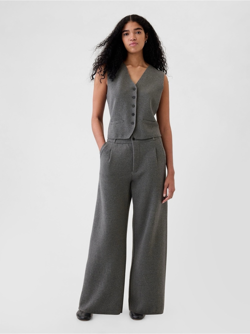 GAP Grey Knit Pleated Wide Leg Sweater Pants Trousers Medium